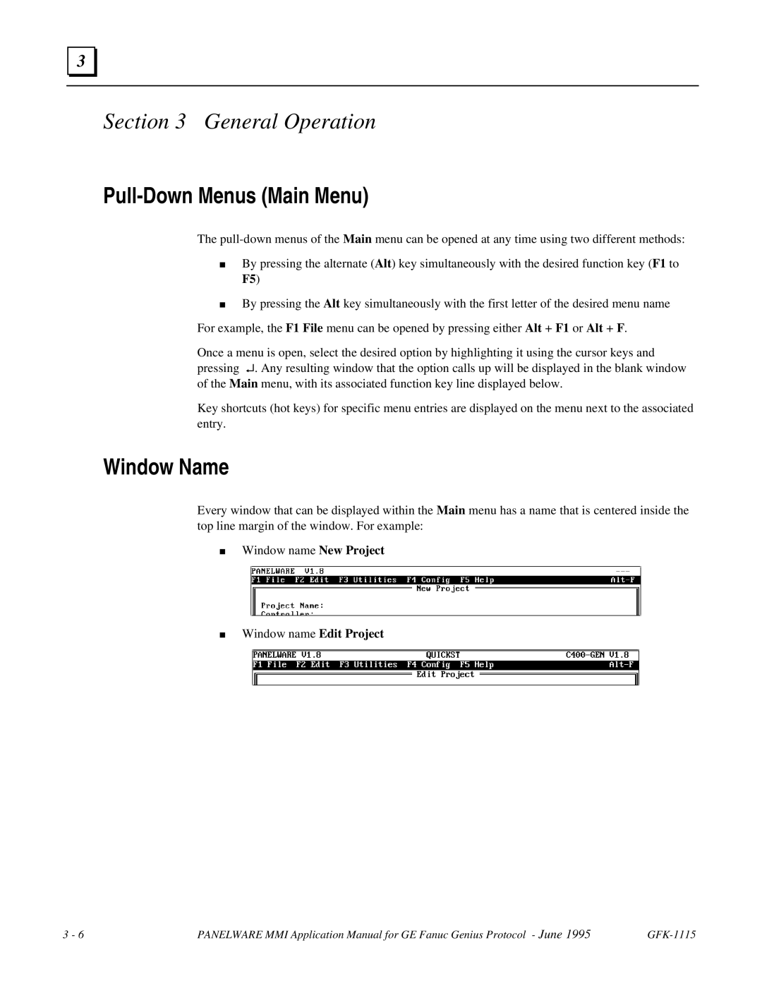 GE Monogram GFK-1115 manual General Operation, Pull-Down Menus Main Menu, Window Name 