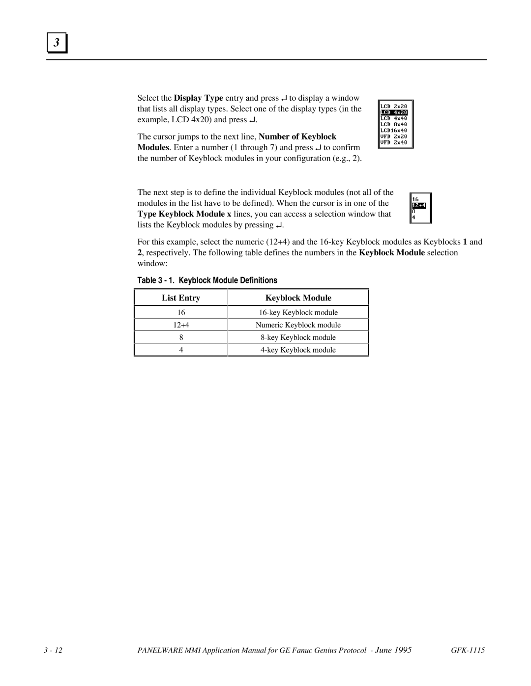 GE Monogram GFK-1115 manual Keyblock Module Definitions, List Entry Keyblock Module 