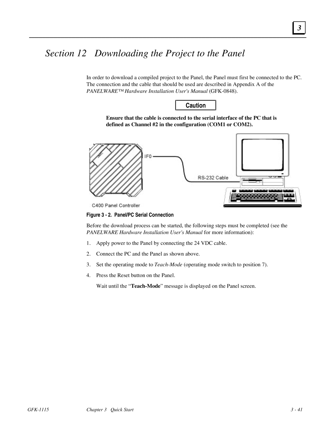 GE Monogram GFK-1115 manual Downloading the Project to the Panel, Panel/PC Serial Connection 