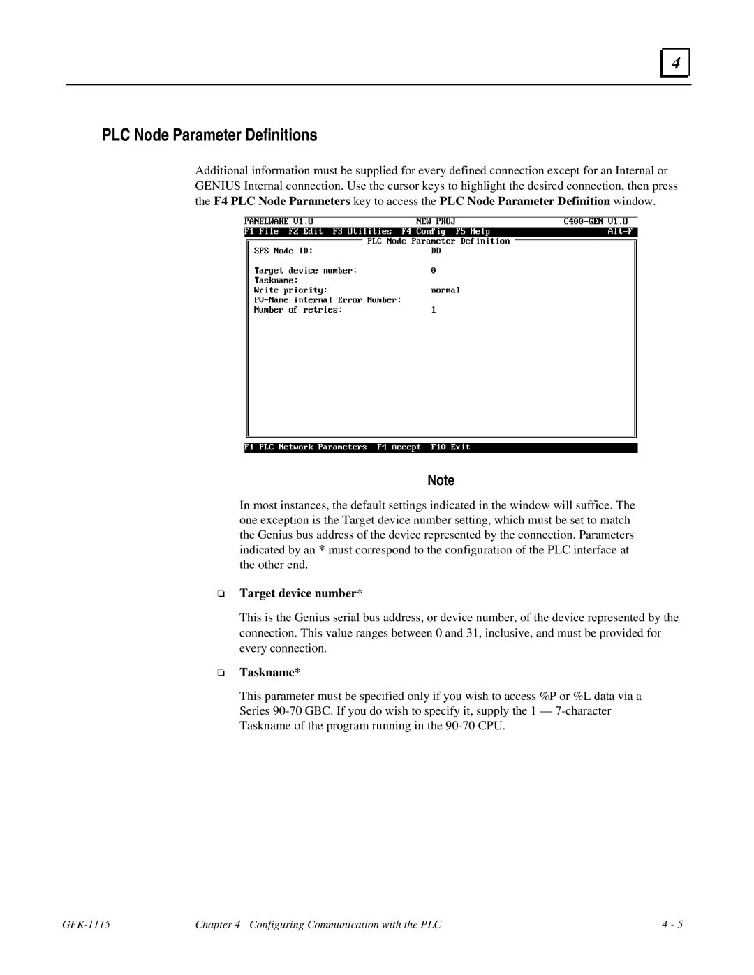 GE Monogram GFK-1115 manual PLC Node Parameter Definitions, Target device number, Taskname 