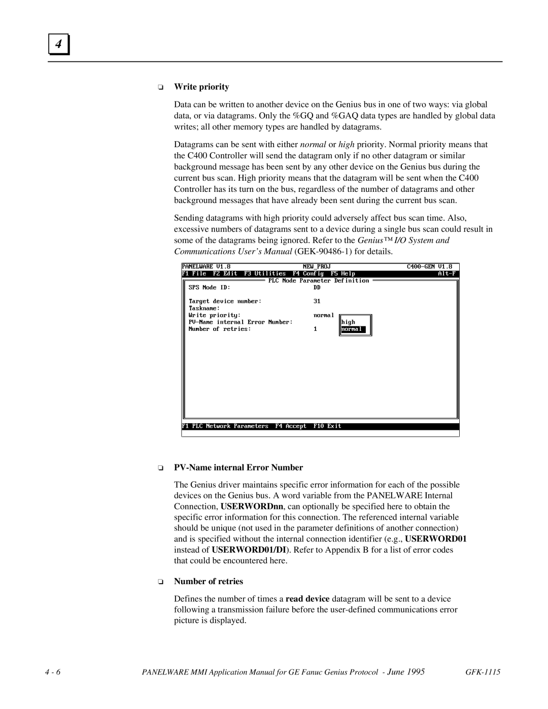 GE Monogram GFK-1115 manual Write priority, PV-Name internal Error Number, Number of retries 