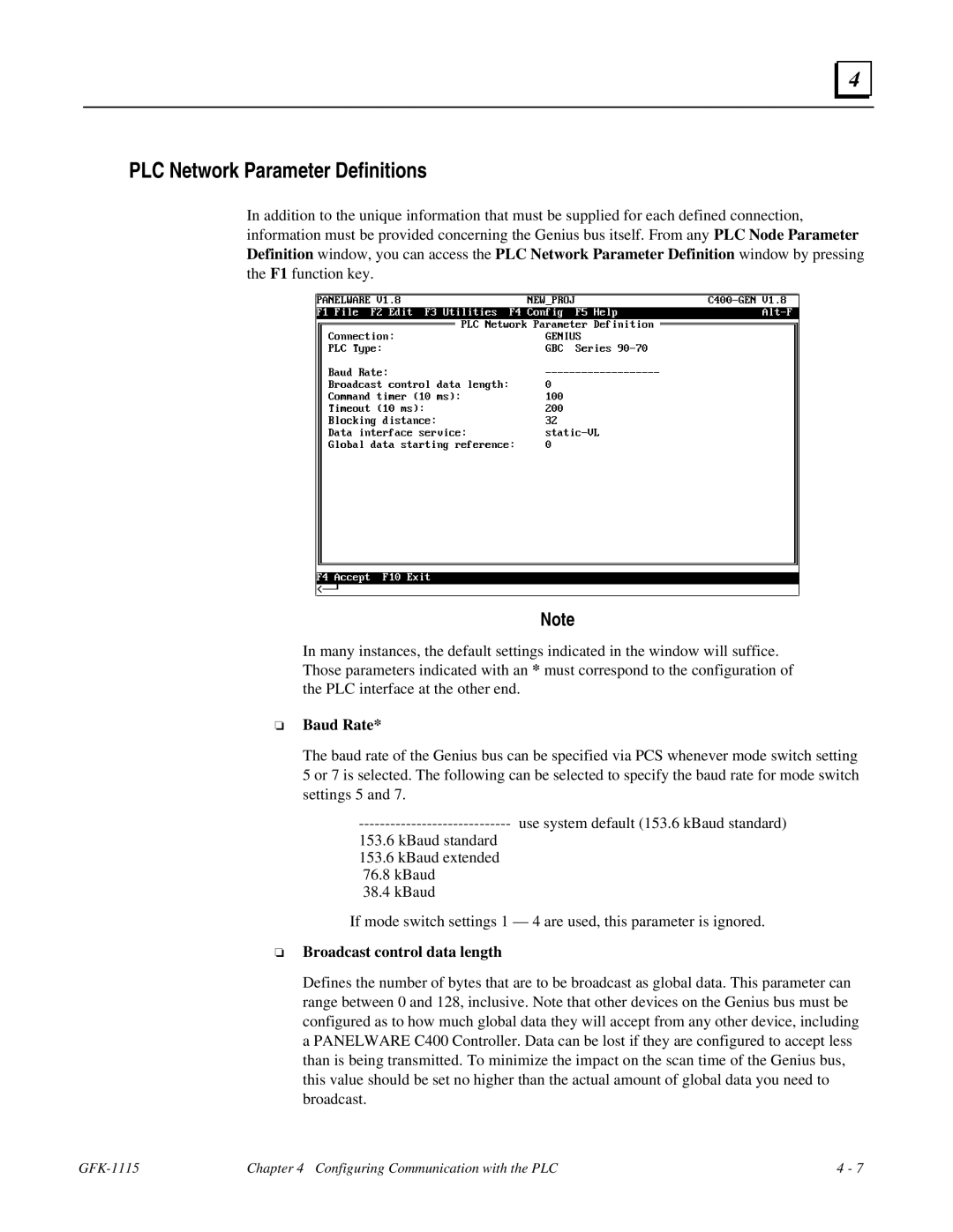 GE Monogram GFK-1115 manual PLC Network Parameter Definitions, Baud Rate, Broadcast control data length 