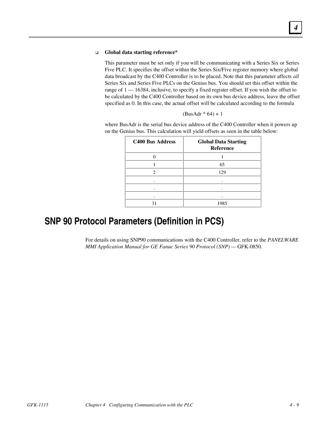 GE Monogram GFK-1115 manual SNP 90 Protocol Parameters Definition in PCS, Global data starting reference 