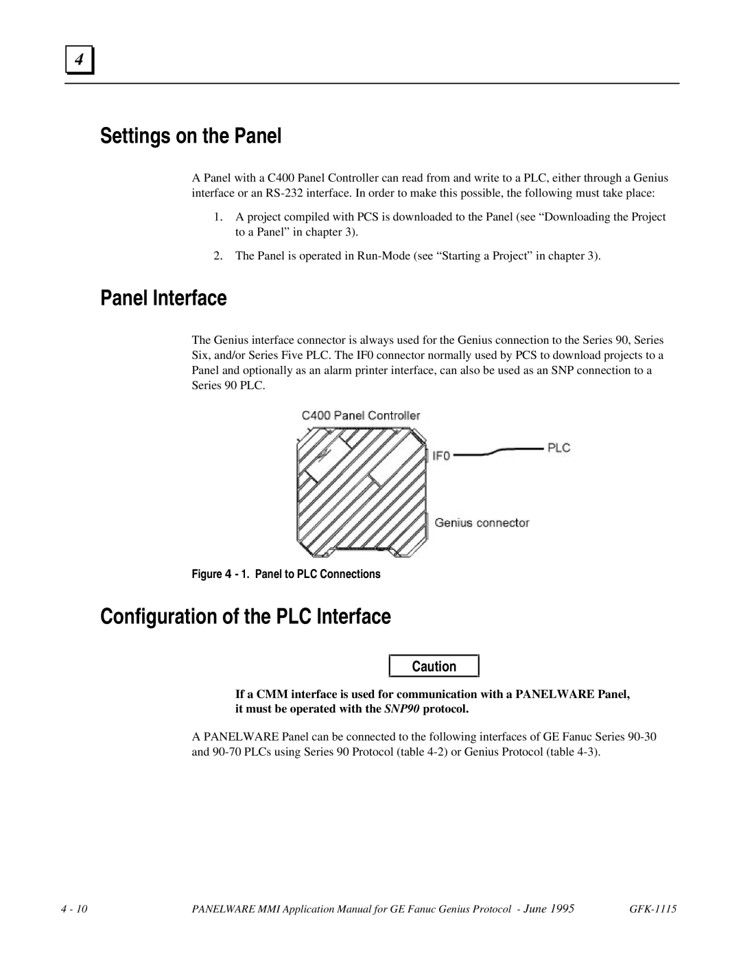 GE Monogram GFK-1115 manual Settings on the Panel, Panel Interface, Configuration of the PLC Interface 