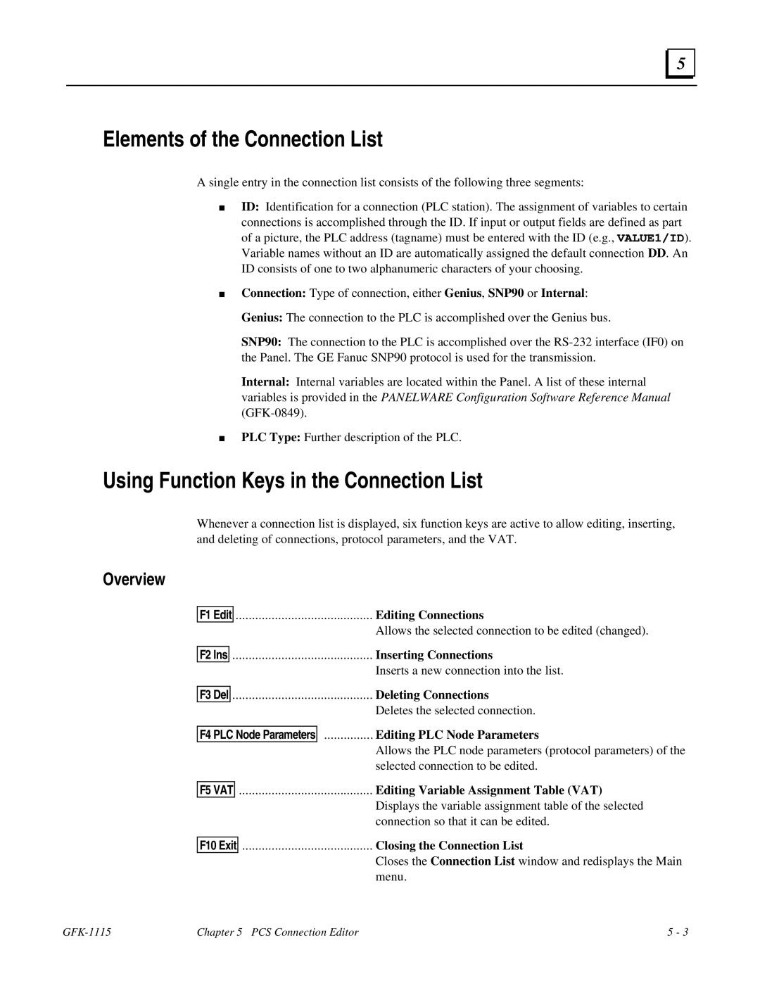 GE Monogram GFK-1115 manual Elements of the Connection List, Using Function Keys in the Connection List, Overview 