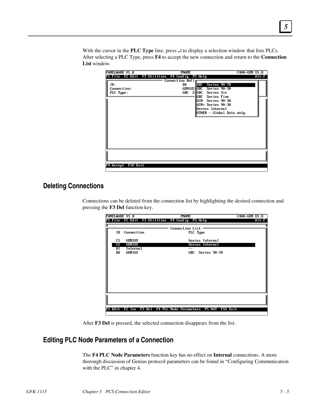 GE Monogram GFK-1115 manual Deleting Connections, Editing PLC Node Parameters of a Connection 