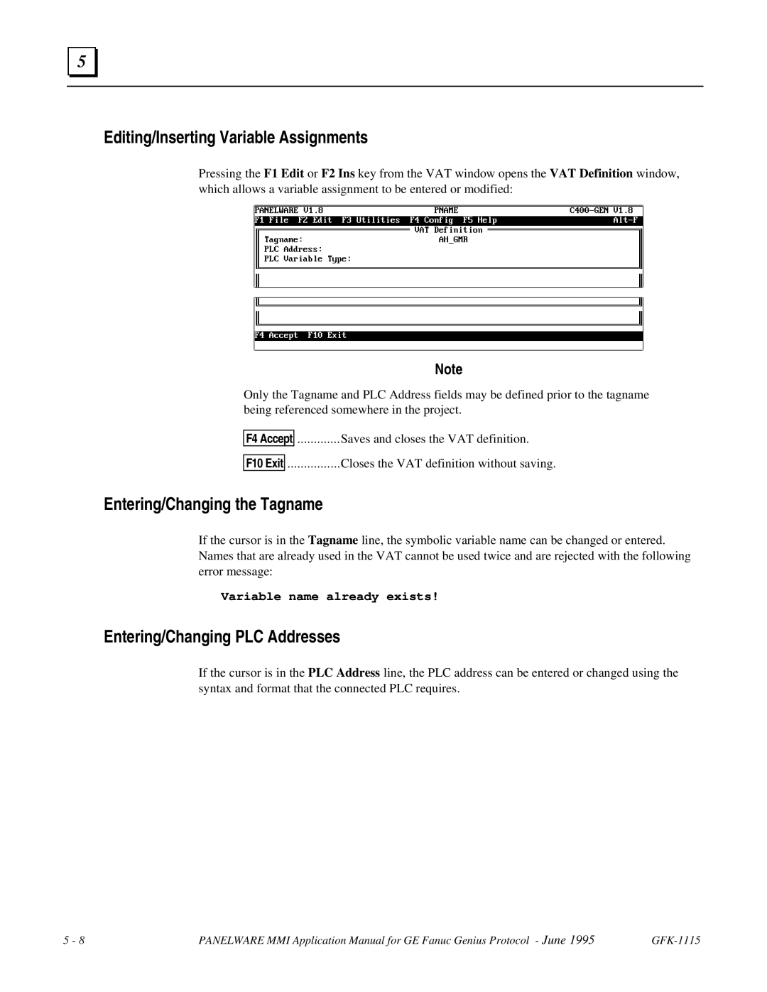 GE Monogram GFK-1115 manual Editing/Inserting Variable Assignments, Entering/Changing the Tagname 