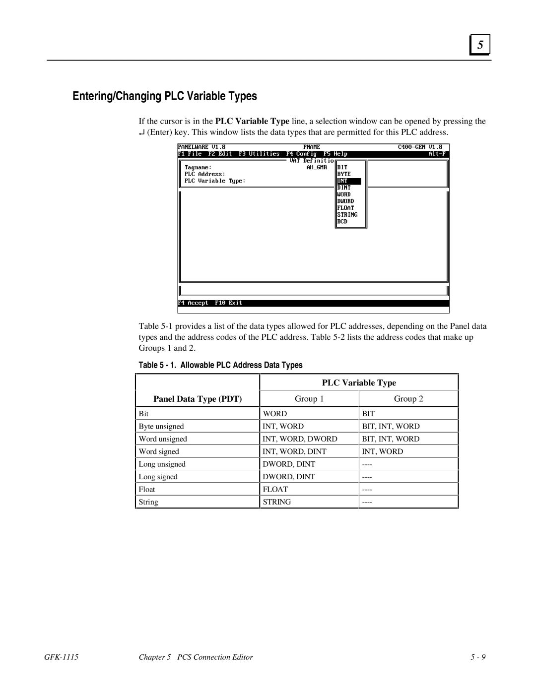 GE Monogram GFK-1115 manual Entering/Changing PLC Variable Types, Allowable PLC Address Data Types 