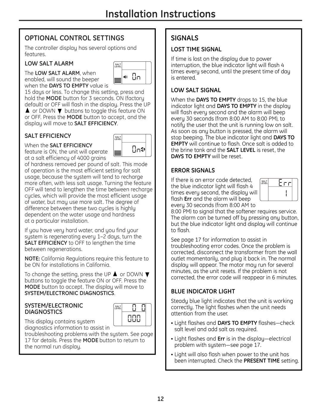 GE Monogram GXSF18G installation instructions Optional Control Settings, Signals 