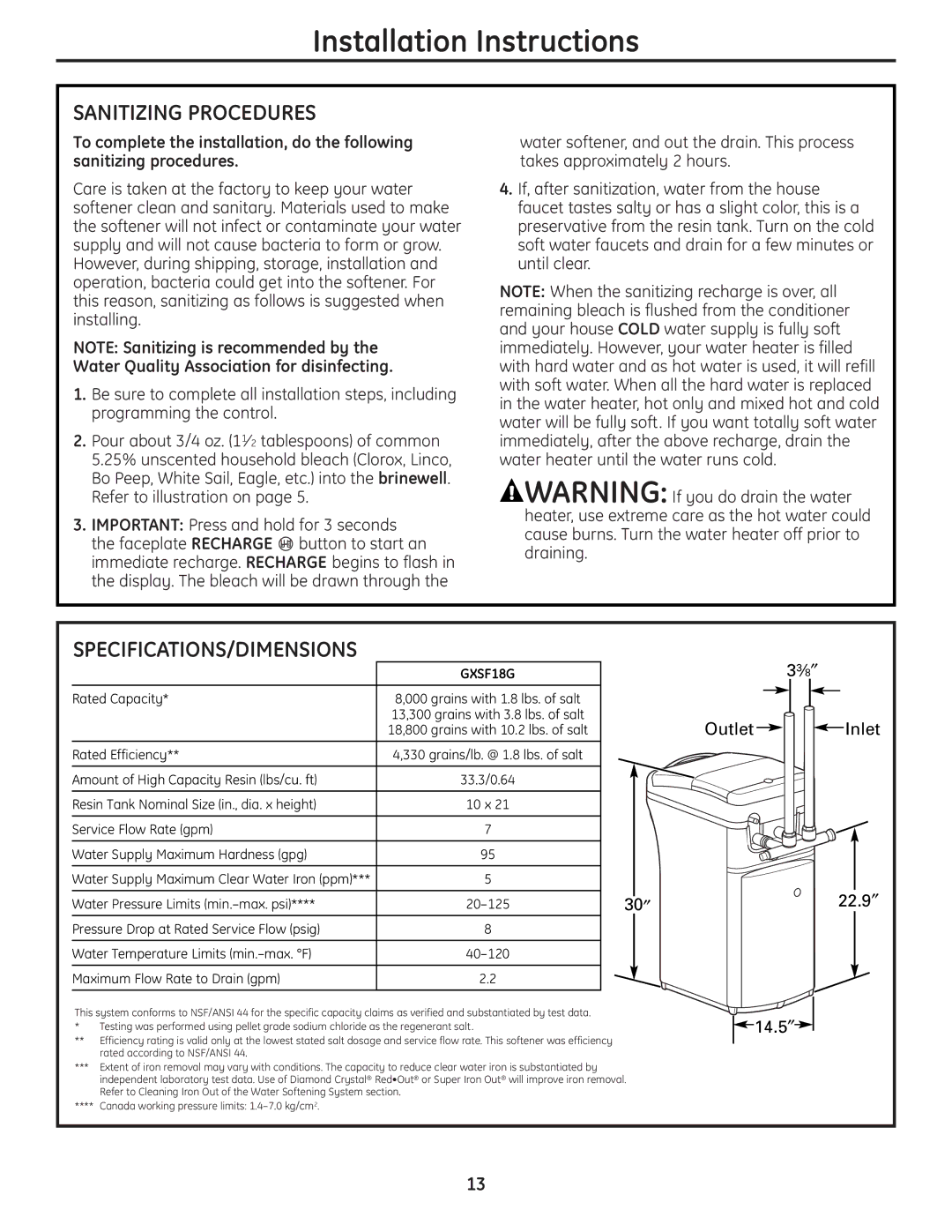 GE Monogram GXSF18G Sanitizing Procedures, Specifications/Dimensions, 30″, 33⁄8″ Outlet Inlet 22.9″ 14.5″ 