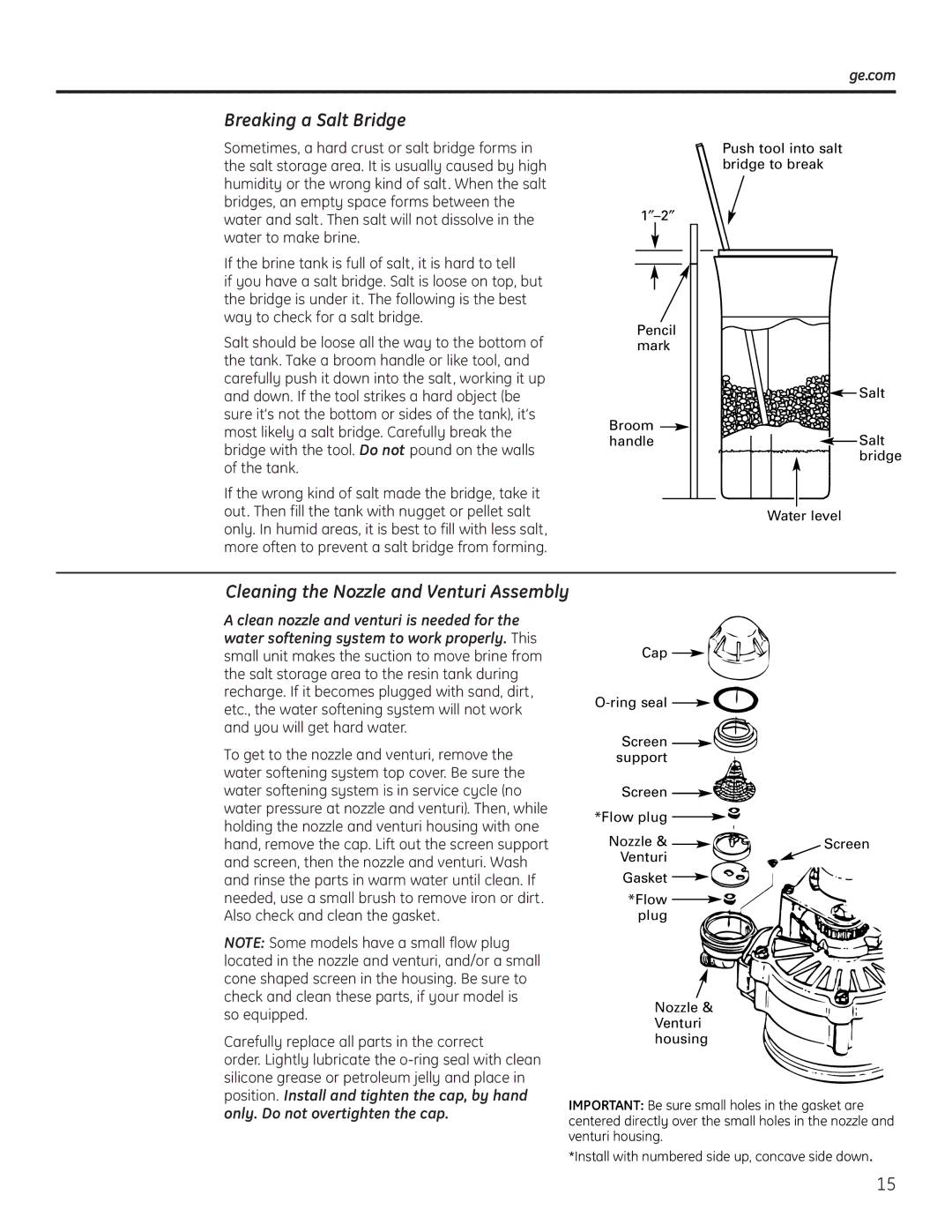 GE Monogram GXSF18G installation instructions Breaking a Salt Bridge, Cleaning the Nozzle and Venturi Assembly, Ge.com 