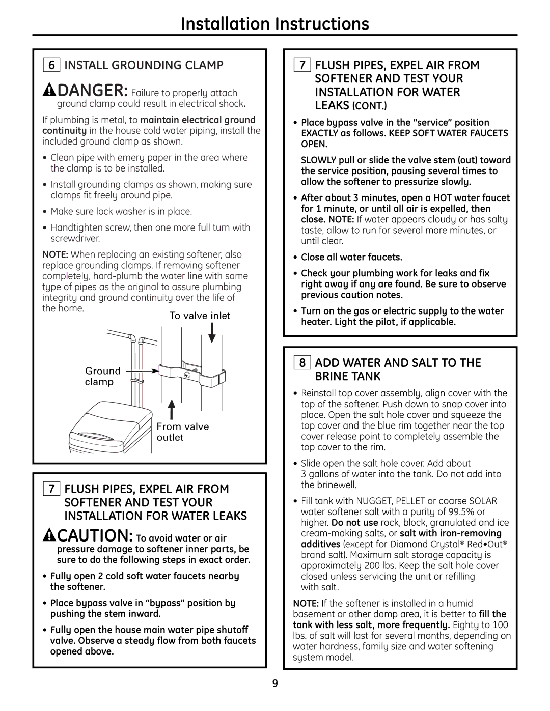 GE Monogram GXSF18G installation instructions Install Grounding Clamp, ADD Water and Salt to the Brine Tank, With salt 