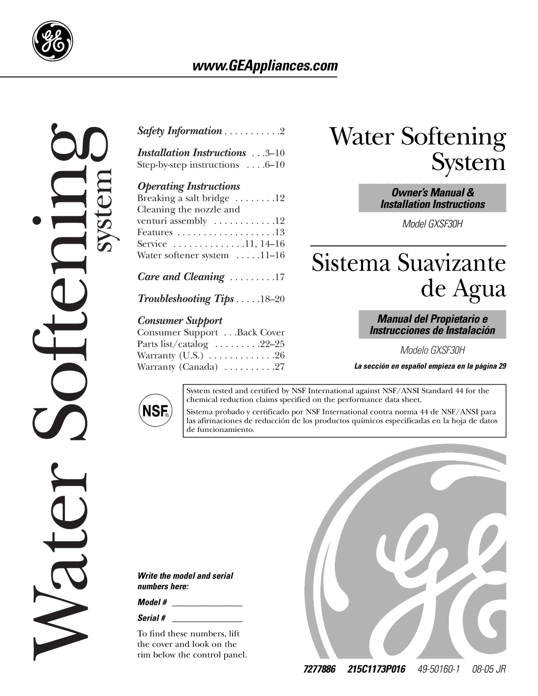 GE Monogram GXSF30H installation instructions 7277886 215C1173P016 49-50160-108-05 JR 