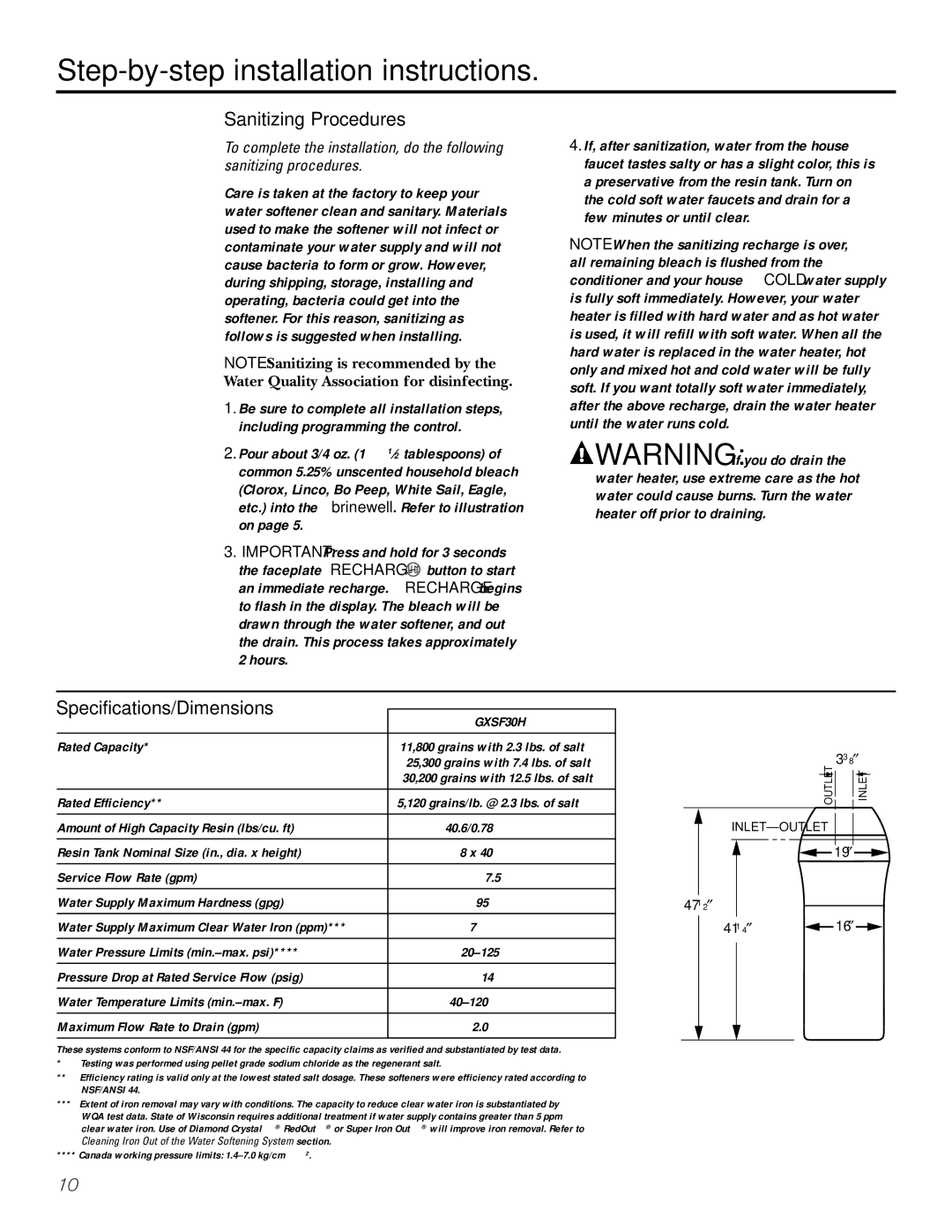 GE Monogram GXSF30H installation instructions Sanitizing Procedures, Specifications/Dimensions 