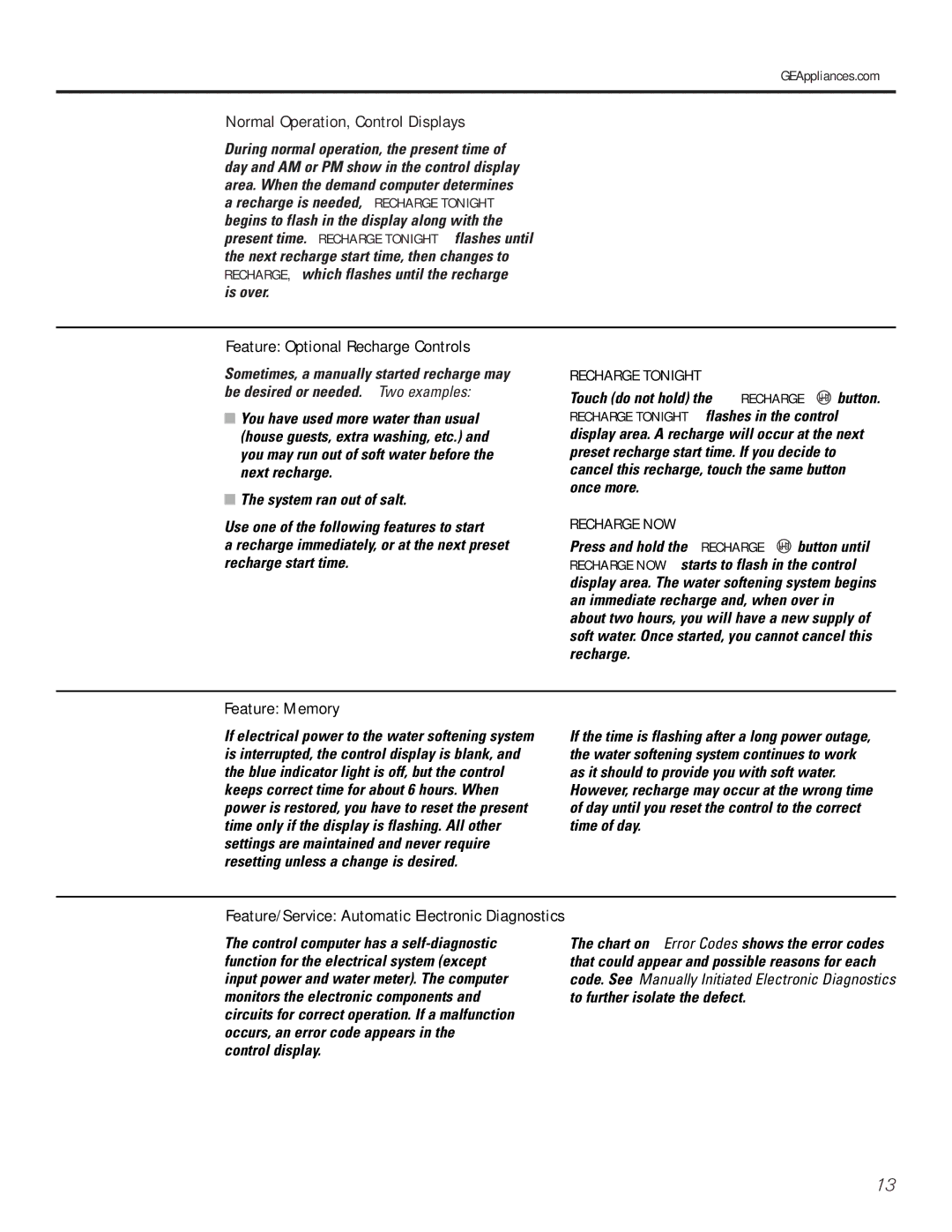 GE Monogram GXSF30H Normal Operation, Control Displays, Feature Optional Recharge Controls, Feature Memory 