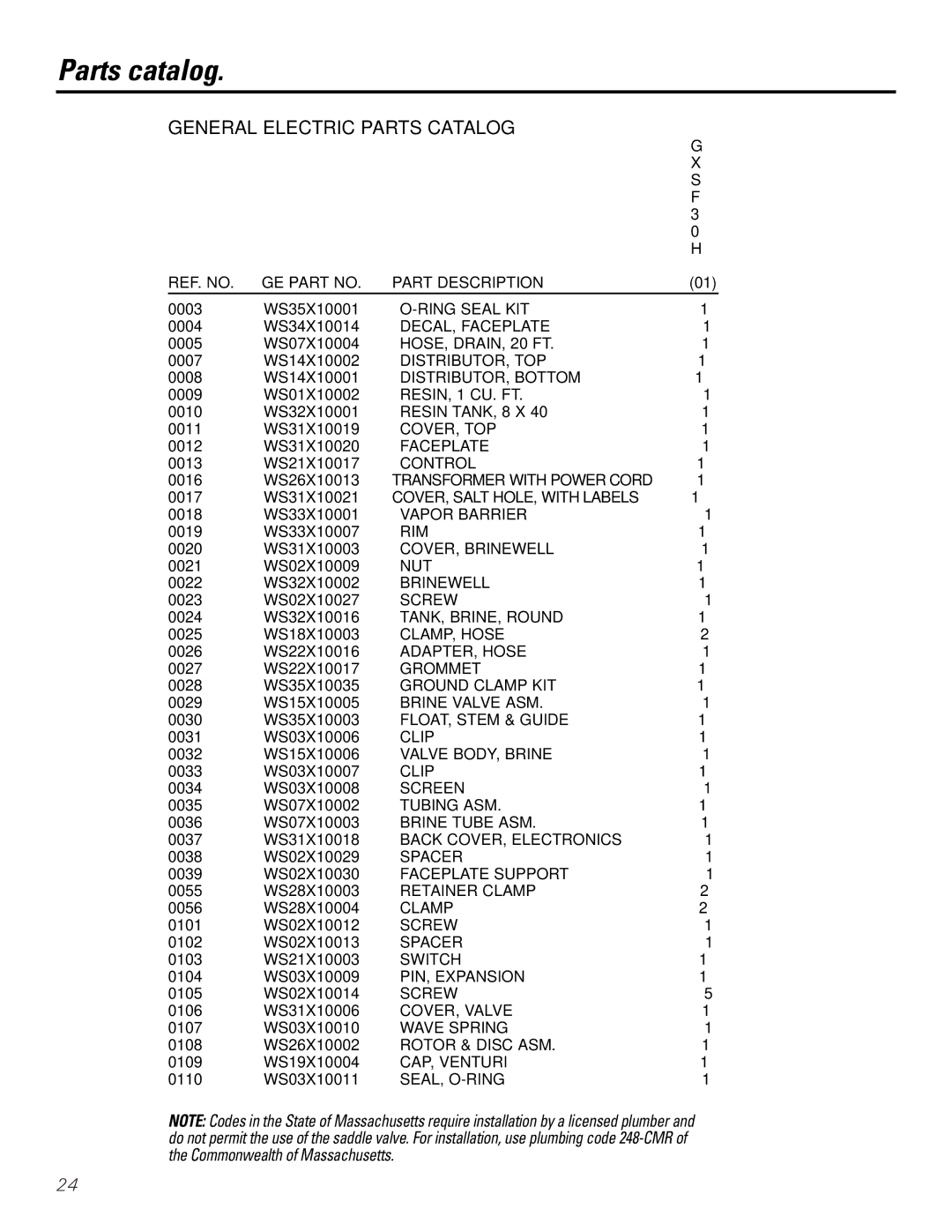 GE Monogram GXSF30H installation instructions Parts catalog, General Electric Parts Catalog 