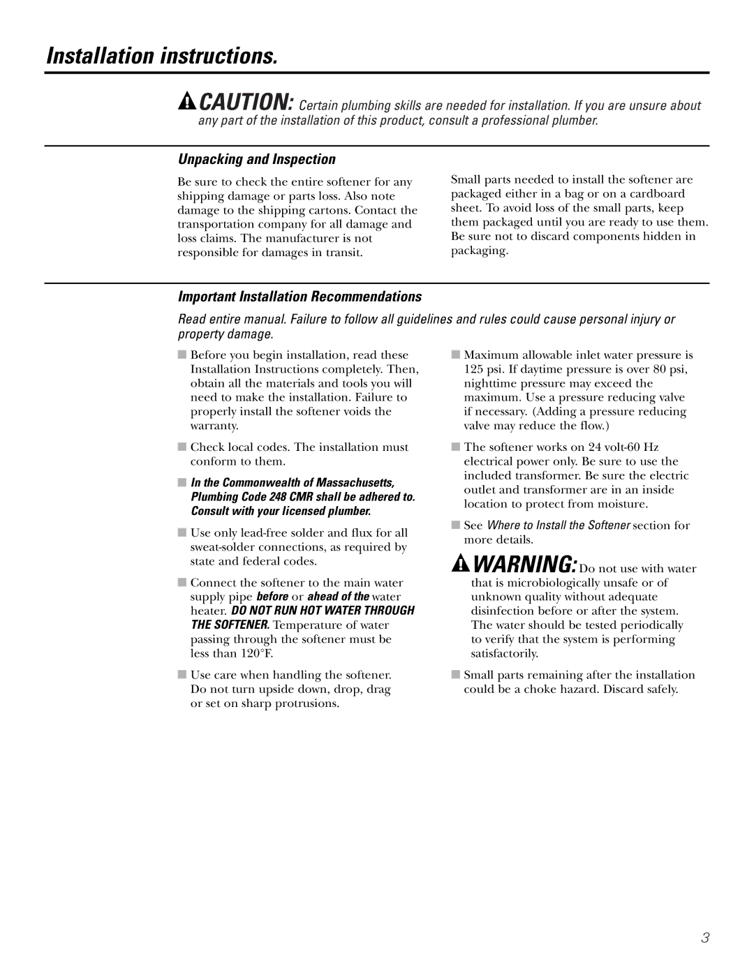 GE Monogram GXSF30H Installation instructions, Unpacking and Inspection, Important Installation Recommendations 