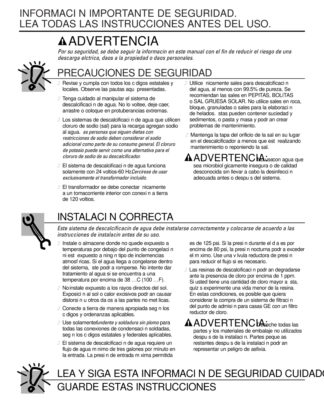 GE Monogram GXSF30H installation instructions Advertencia No use con agua que 