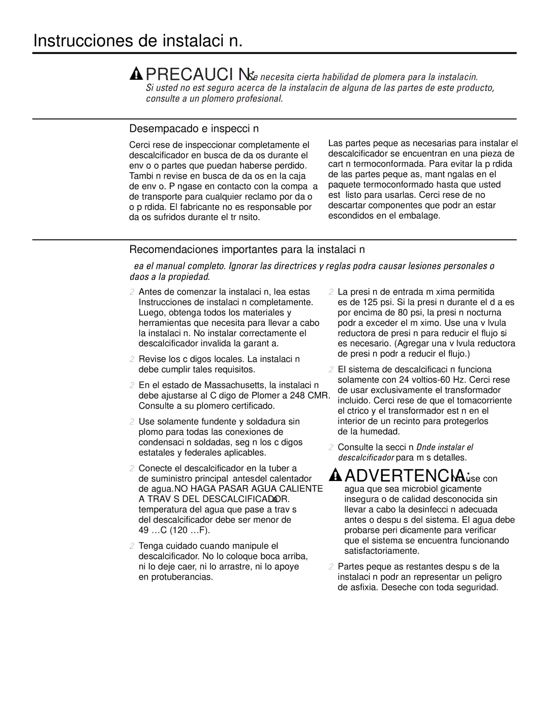 GE Monogram GXSF30H Instrucciones de instalación, Advertencia No use con, Desempacado e inspección 