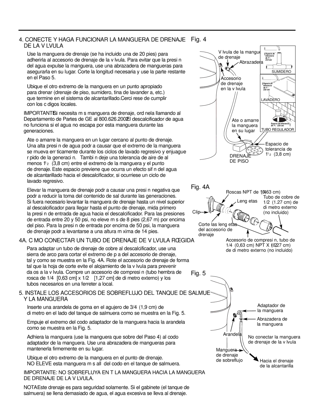 GE Monogram GXSF30H installation instructions DE LA Válvula, 4A. Cómo Conectar UN Tubo DE Drenaje DE Válvula Rígida 