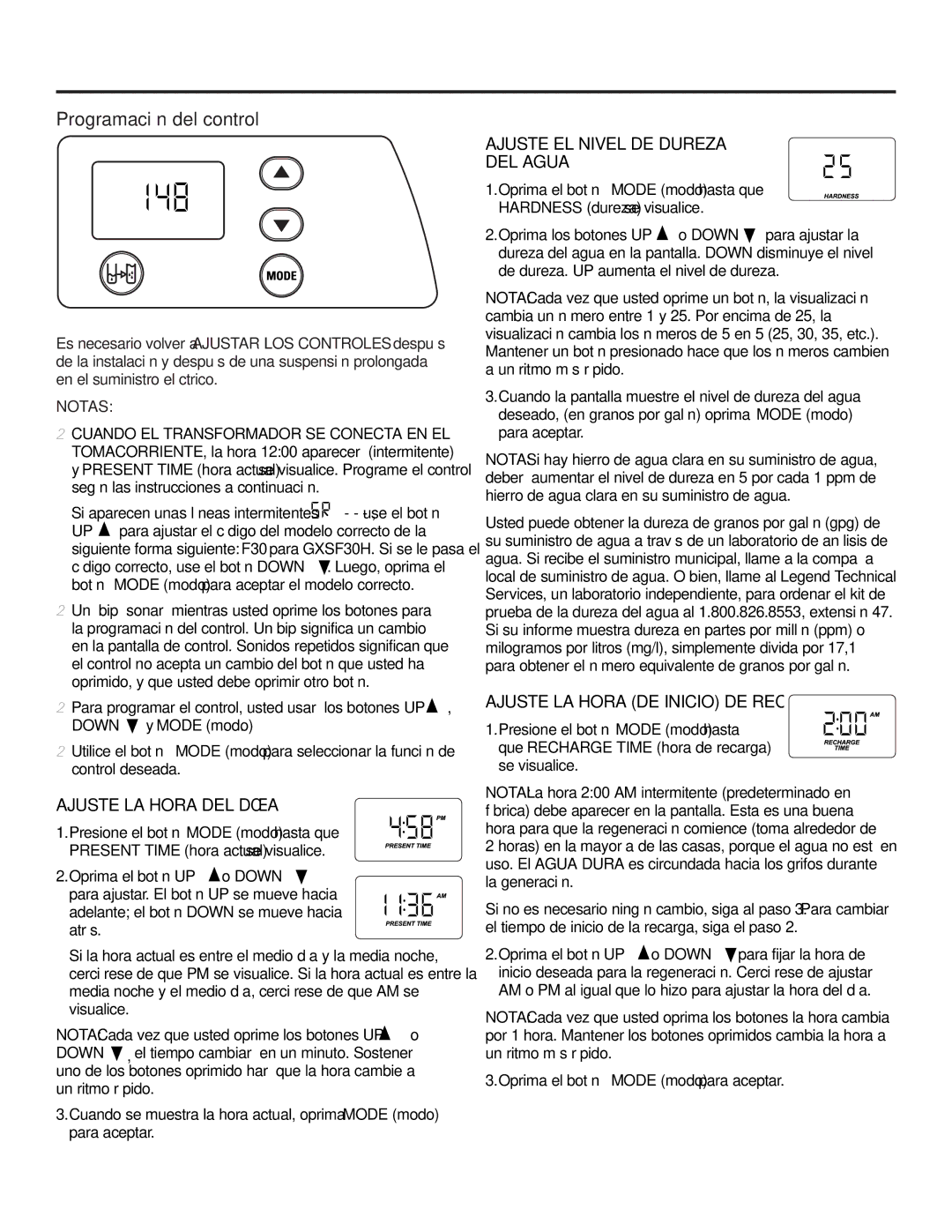 GE Monogram GXSF30H Programación del control, Ajuste LA Hora DEL DÍA, Ajuste EL Nivel DE Dureza DEL Agua, Notas 