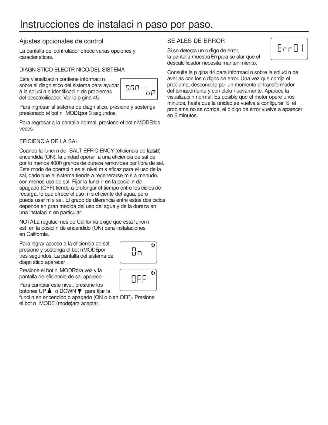 GE Monogram GXSF30H Ajustes opcionales de control, Señales DE Error, Diagnóstico ELECTRÓNICO/DEL Sistema 