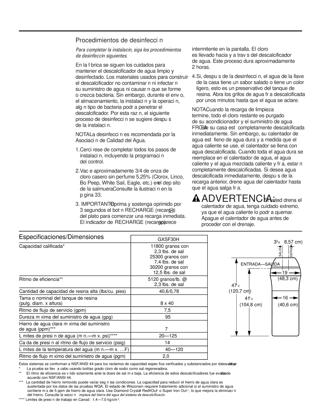 GE Monogram GXSF30H installation instructions Procedimientos de desinfección, Especificaciones/Dimensiones 