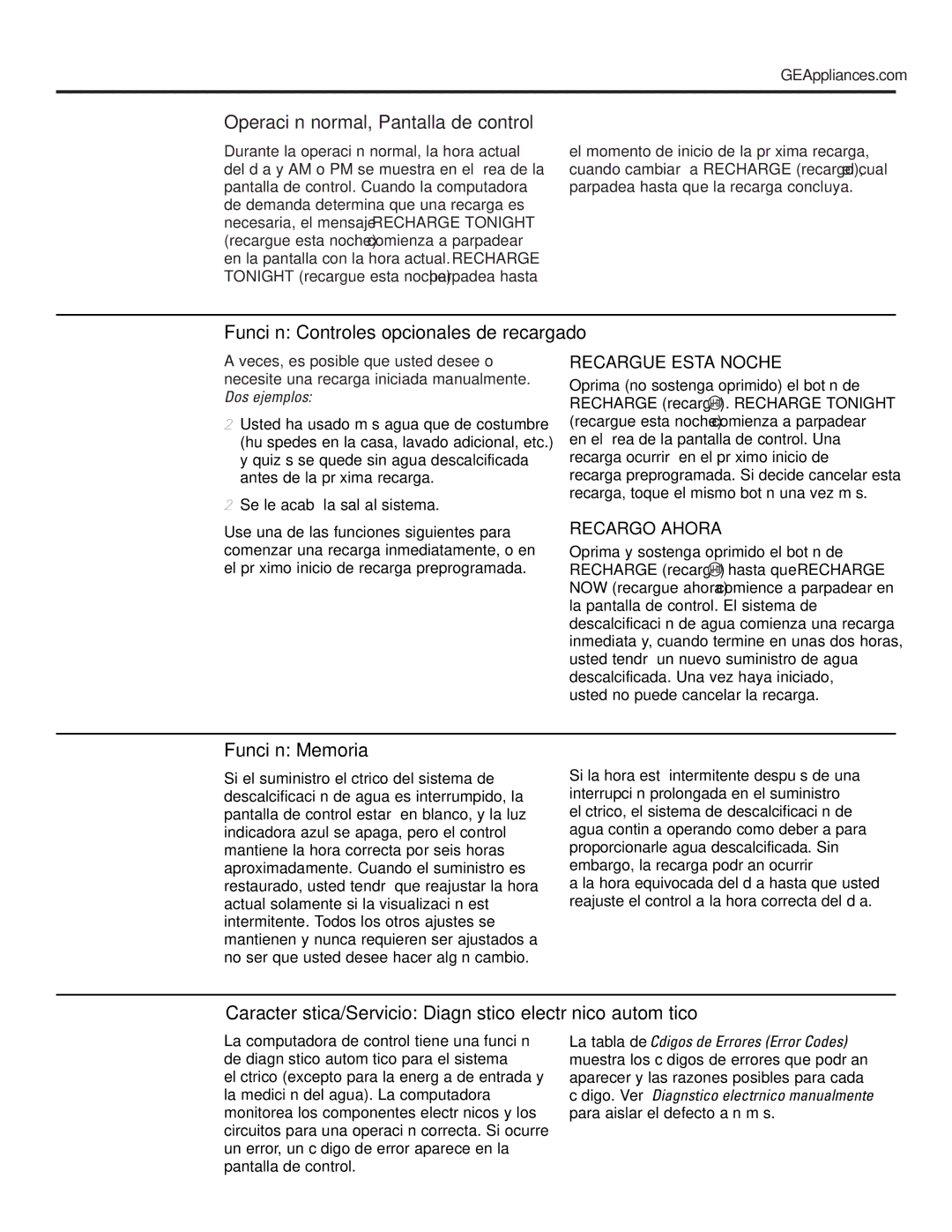 GE Monogram GXSF30H Operación normal, Pantalla de control, Función Memoria, Recargue Esta Noche, Recargo Ahora 