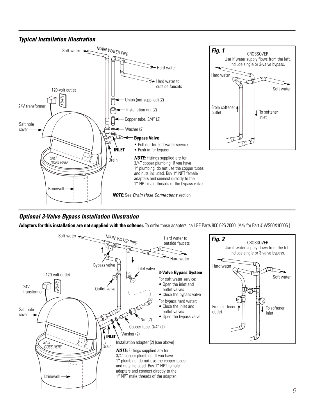 GE Monogram GXSF30H Typical Installation Illustration, Optional 3-Valve Bypass Installation Illustration 