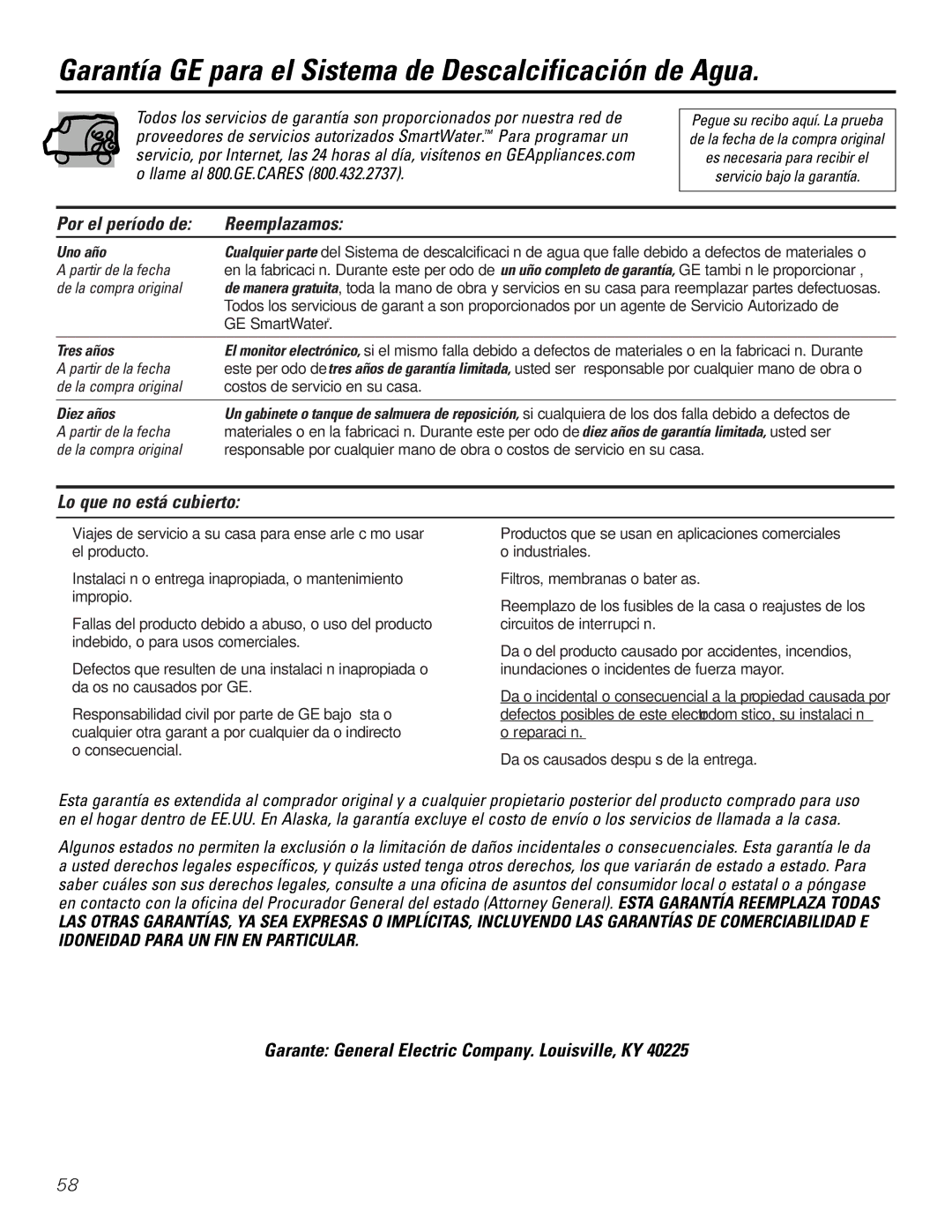 GE Monogram GXSF30H Garantía GE para el Sistema de Descalcificación de Agua, Por el período de Reemplazamos 