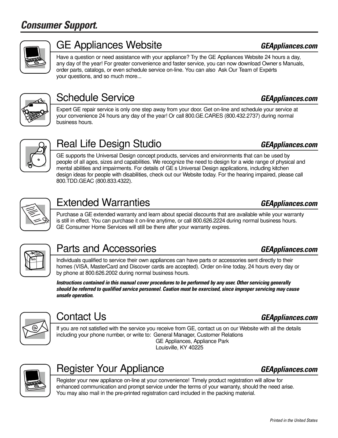 GE Monogram GXSF30H Consumer Support GE Appliances Website, Schedule Service, Real Life Design Studio, Extended Warranties 