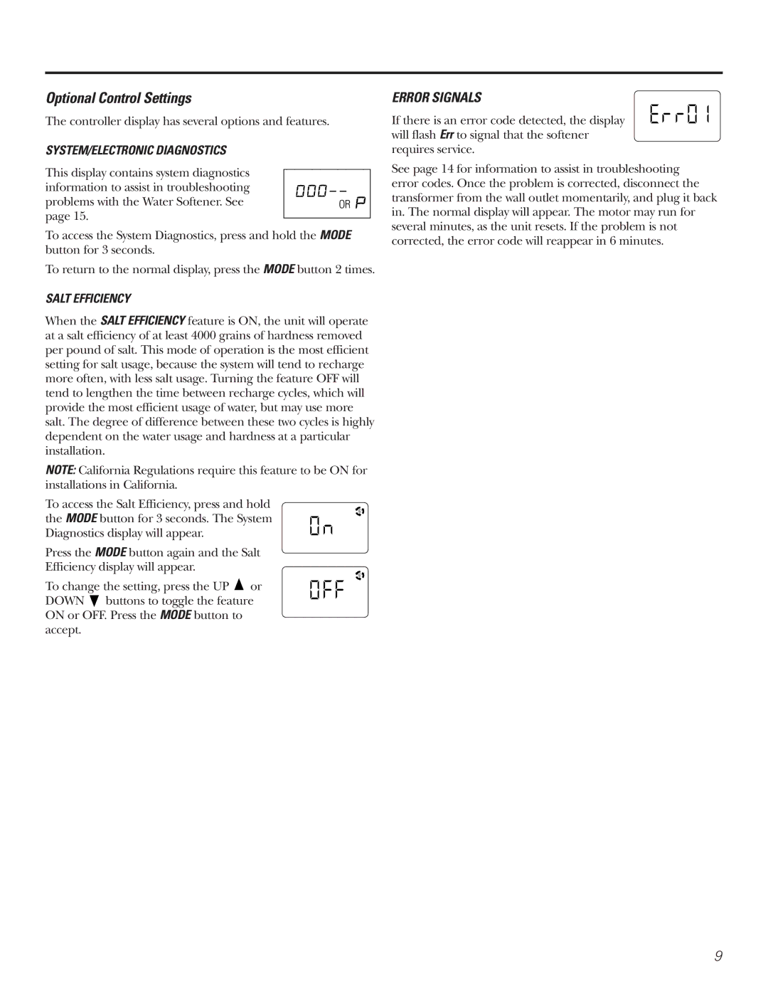 GE Monogram GXSF30H Optional Control Settings, Error Signals, SYSTEM/ELECTRONIC Diagnostics, Salt Efficiency 