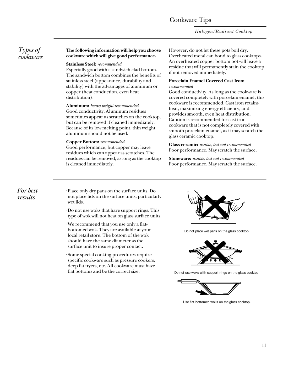 GE Monogram Halogen/Radiant Cooktop manual Types of cookware, Recommended 