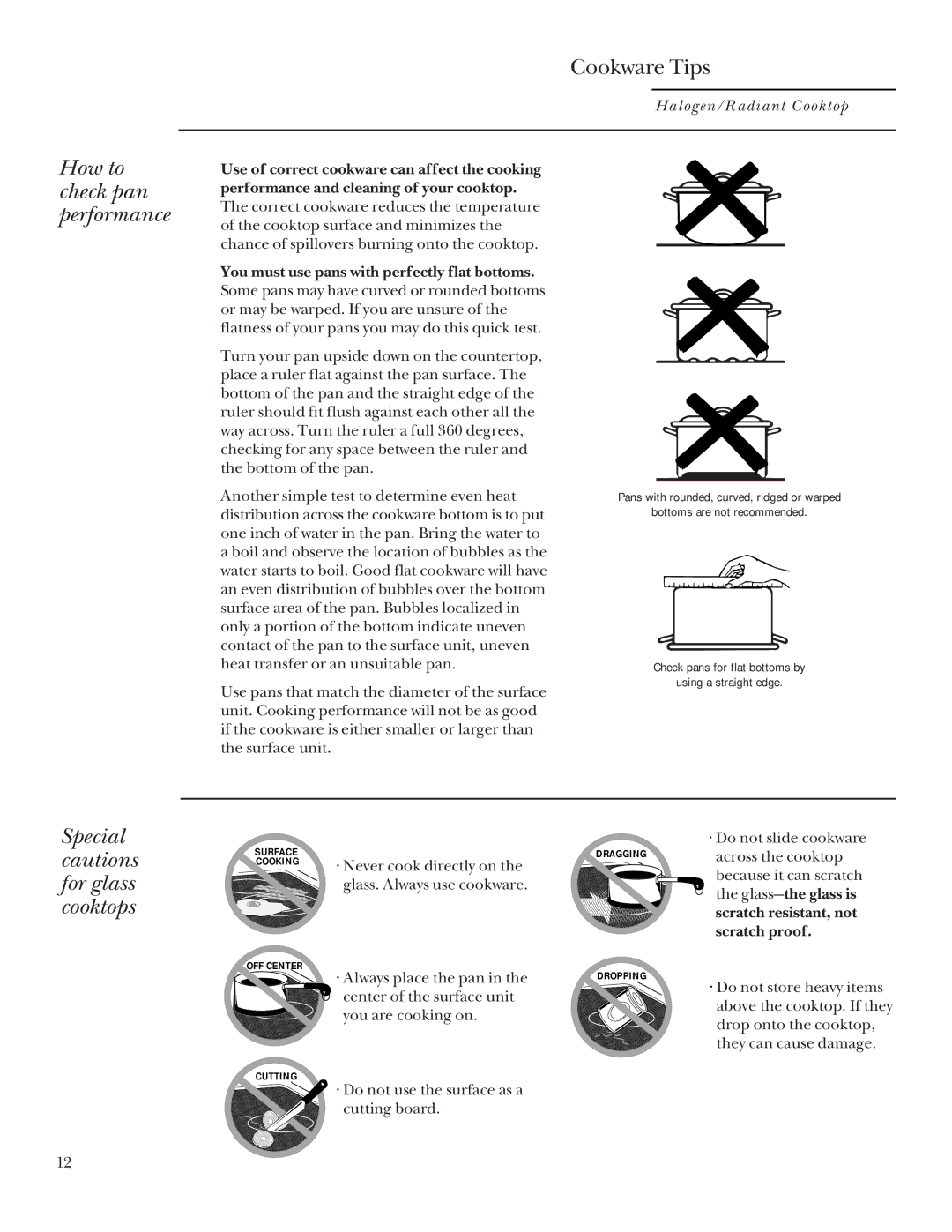 GE Monogram Halogen/Radiant Cooktop manual How to check pan performance, Special cautions for glass cooktops 