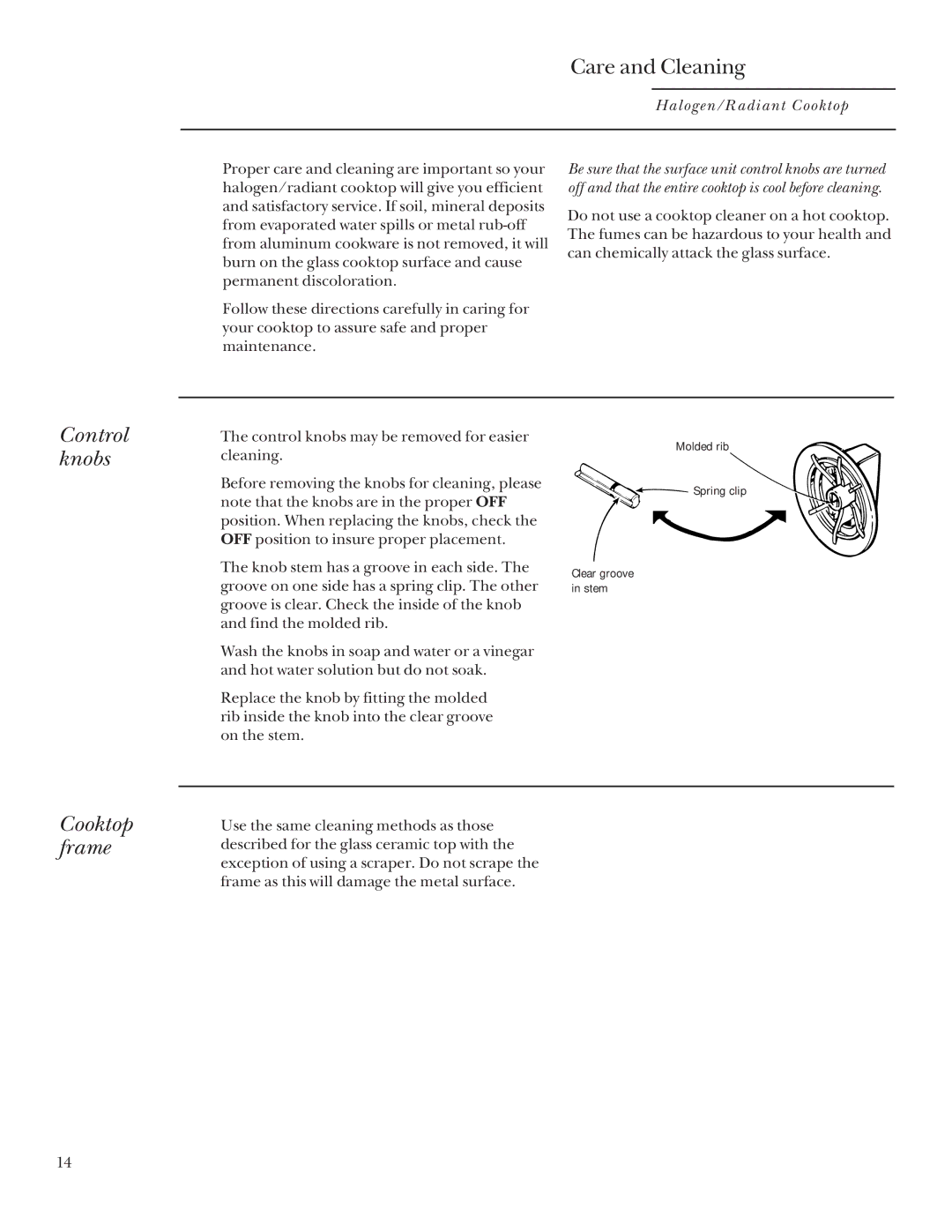 GE Monogram Halogen/Radiant Cooktop manual Control knobs, Cooktop frame 