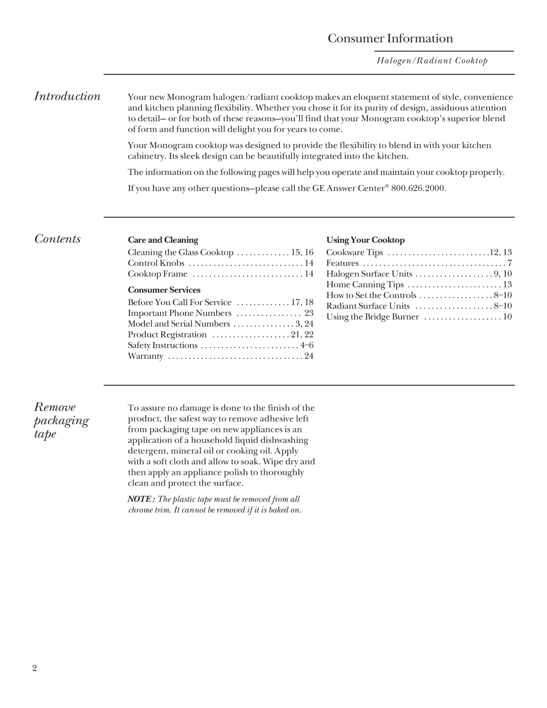 GE Monogram Halogen/Radiant Cooktop manual Introduction, Contents, Remove packaging tape 