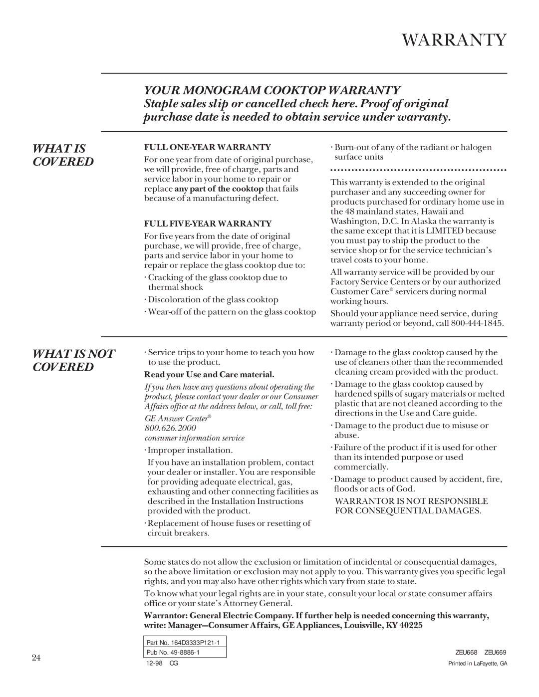 GE Monogram Halogen/Radiant Cooktop manual Warranty, Consumer information service 