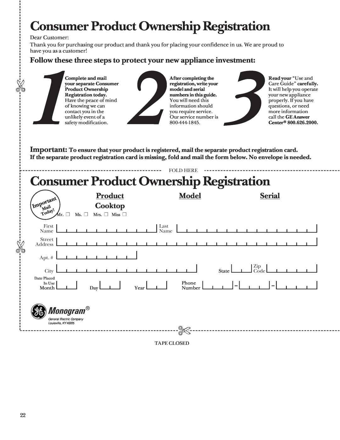 GE Monogram Halogen/Radiant Cooktop manual Consumer Product Ownership Registration, Model, Serial, Monogram 