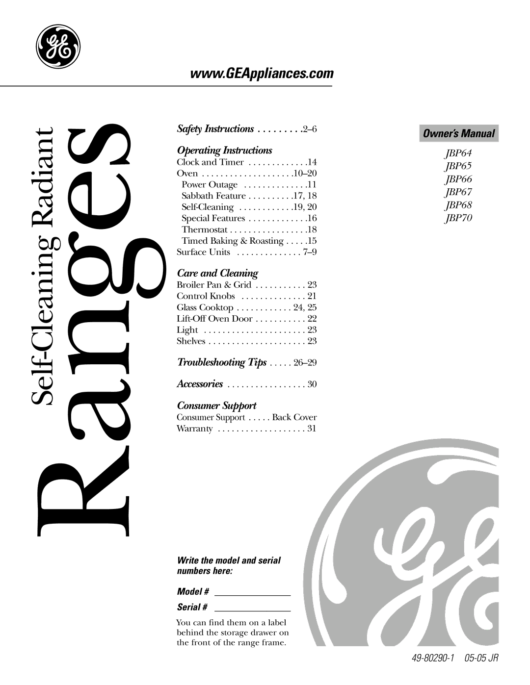 GE Monogram JBP66 owner manual RangesSelf-Cleaning Radiant, Write the model and serial numbers here Model # Serial # 