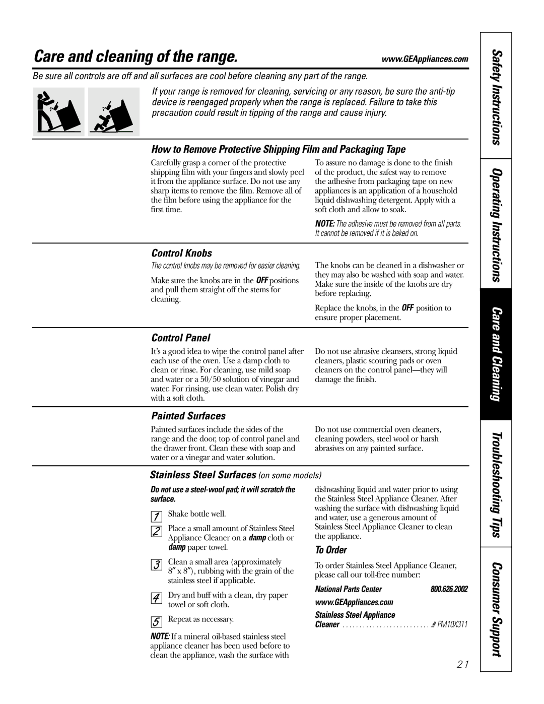 GE Monogram JBP64, JBP67, JBP66, JBP65 Care and cleaning of the range, Operating, Tips Consumer Support, Safety Instructions 