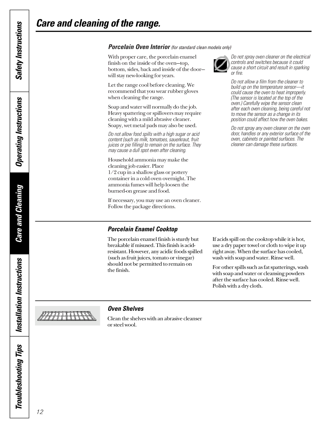 GE Monogram JBS08PIC Cleaning Operating Instructions Safety, Instructions Care, Porcelain Enamel Cooktop, Oven Shelves 