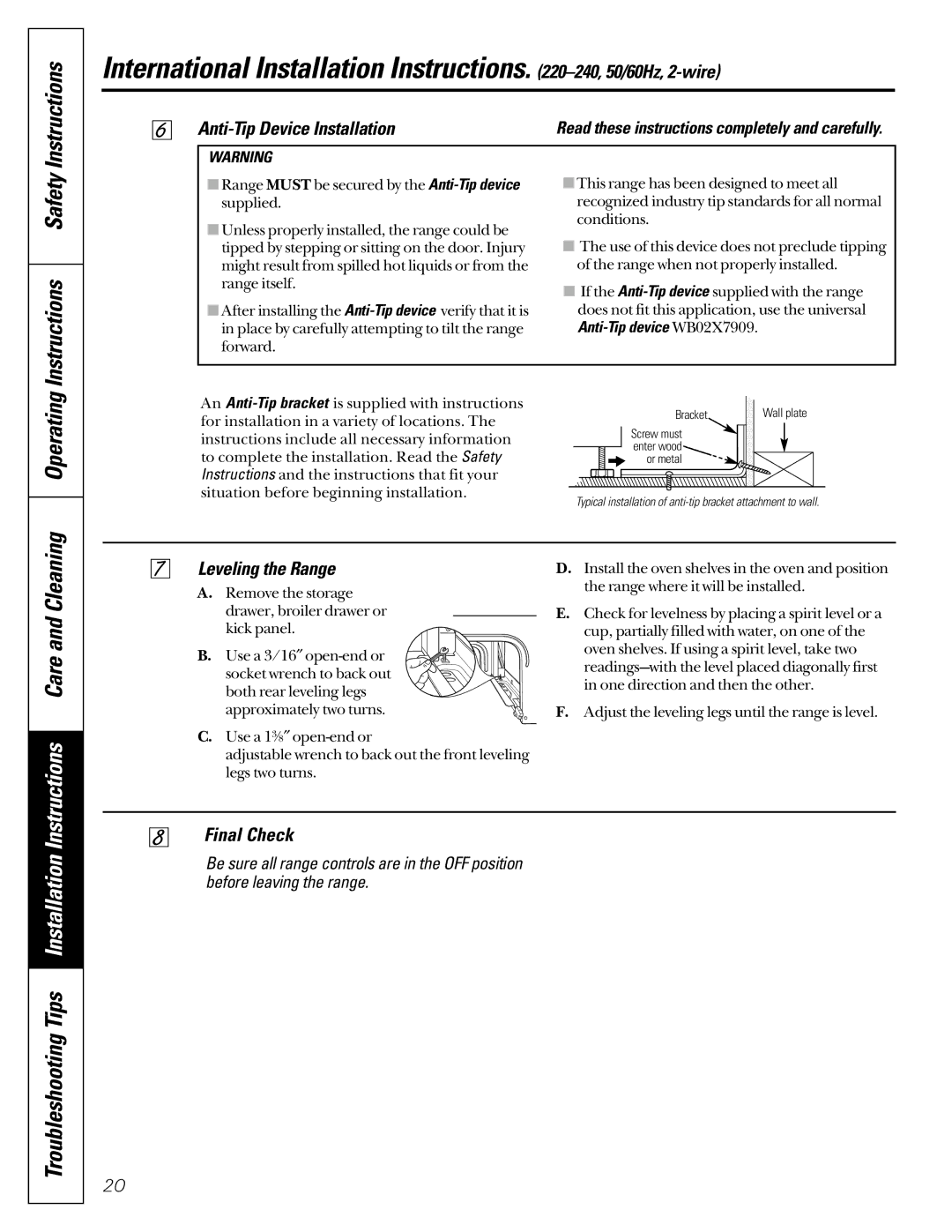 GE Monogram JBS08PIC Operating Instructions Safety Instructions, Instructions Care and Cleaning, Leveling the Range 