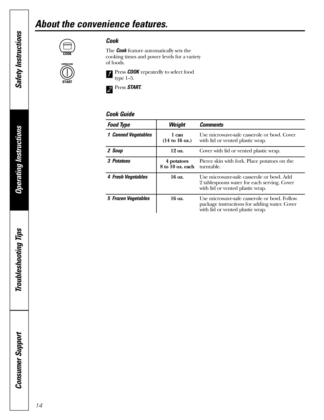 GE Monogram JES1142SJ owner manual Cook Guide, Soup, Fresh Vegetables 