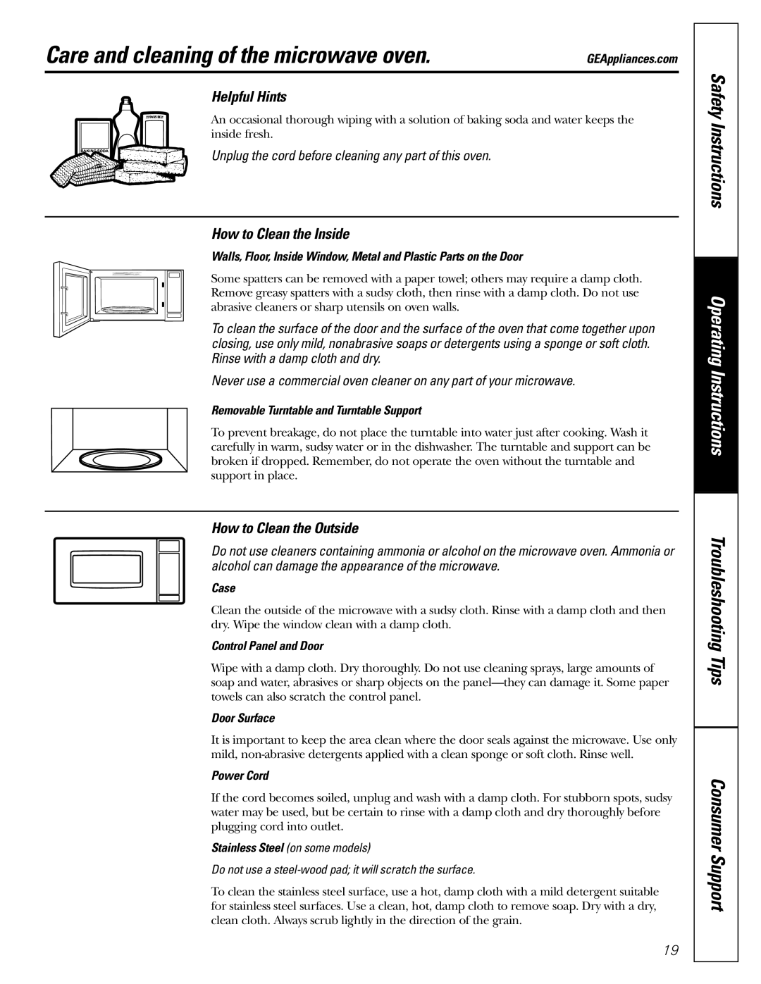 GE Monogram JES1142SJ owner manual Care and cleaning of the microwave oven, Helpful Hints, How to Clean the Inside 