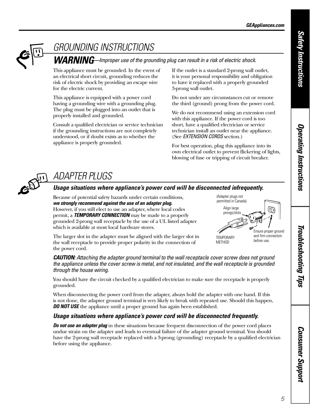 GE Monogram JES1142SJ Grounding Instructions, Adapter Plugs, We strongly recommend against the use of an adapter plug 