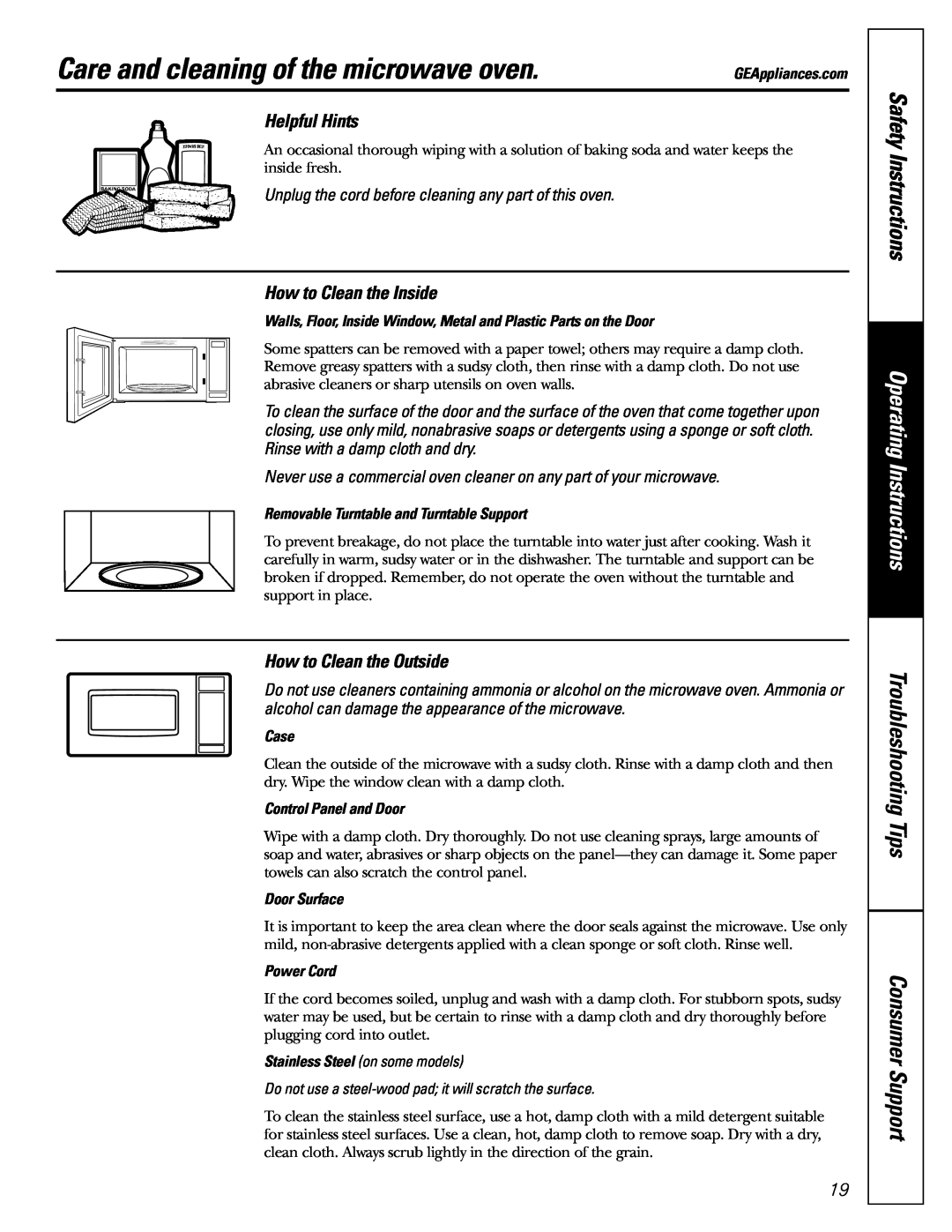 GE Monogram JES1142SJ Care and cleaning of the microwave oven, Safety Instructions, Operating Instructions, Helpful Hints 