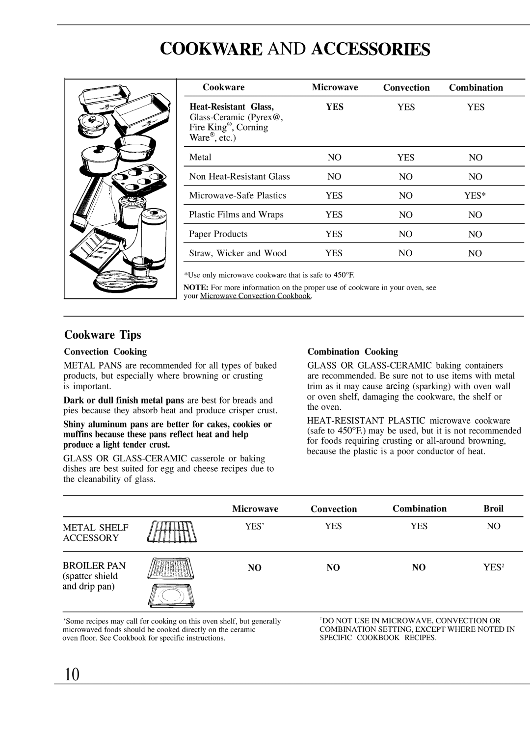 GE Monogram JET343G manual Cookwam and ACCESSOms, Cookware Tips, Convection Cooking, Combination Cooking 