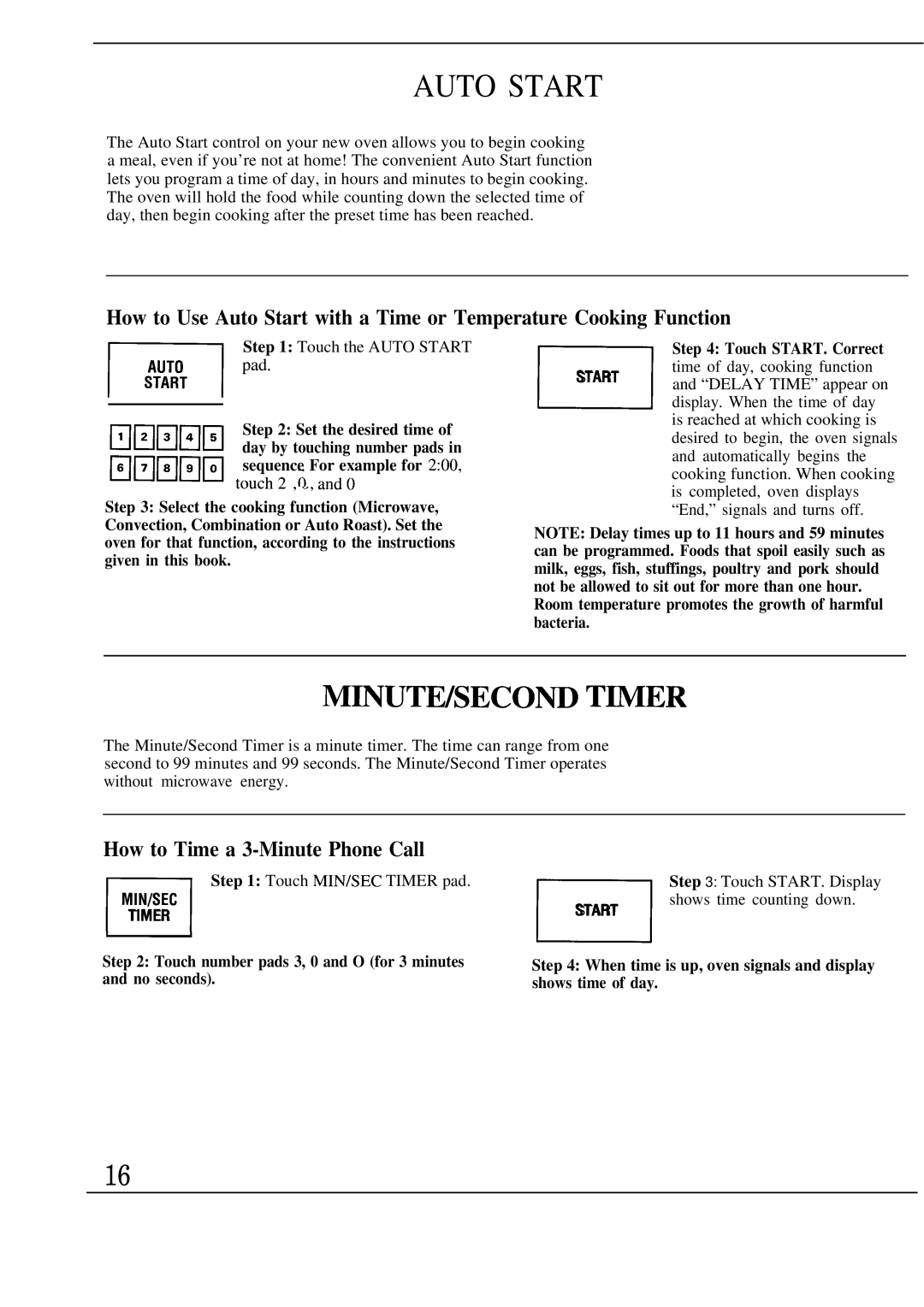 GE Monogram JET343G manual Auto Start, ~UTE/SECOm T~ER, How to Time a 3-Minute Phone Call 