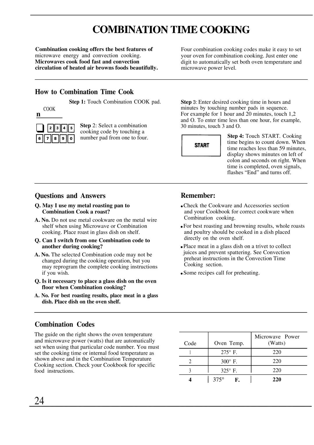 GE Monogram JET343G manual COMB~ATION T~E COOmNG, How to Combination Time Cook, Combination Codes, 375 220 