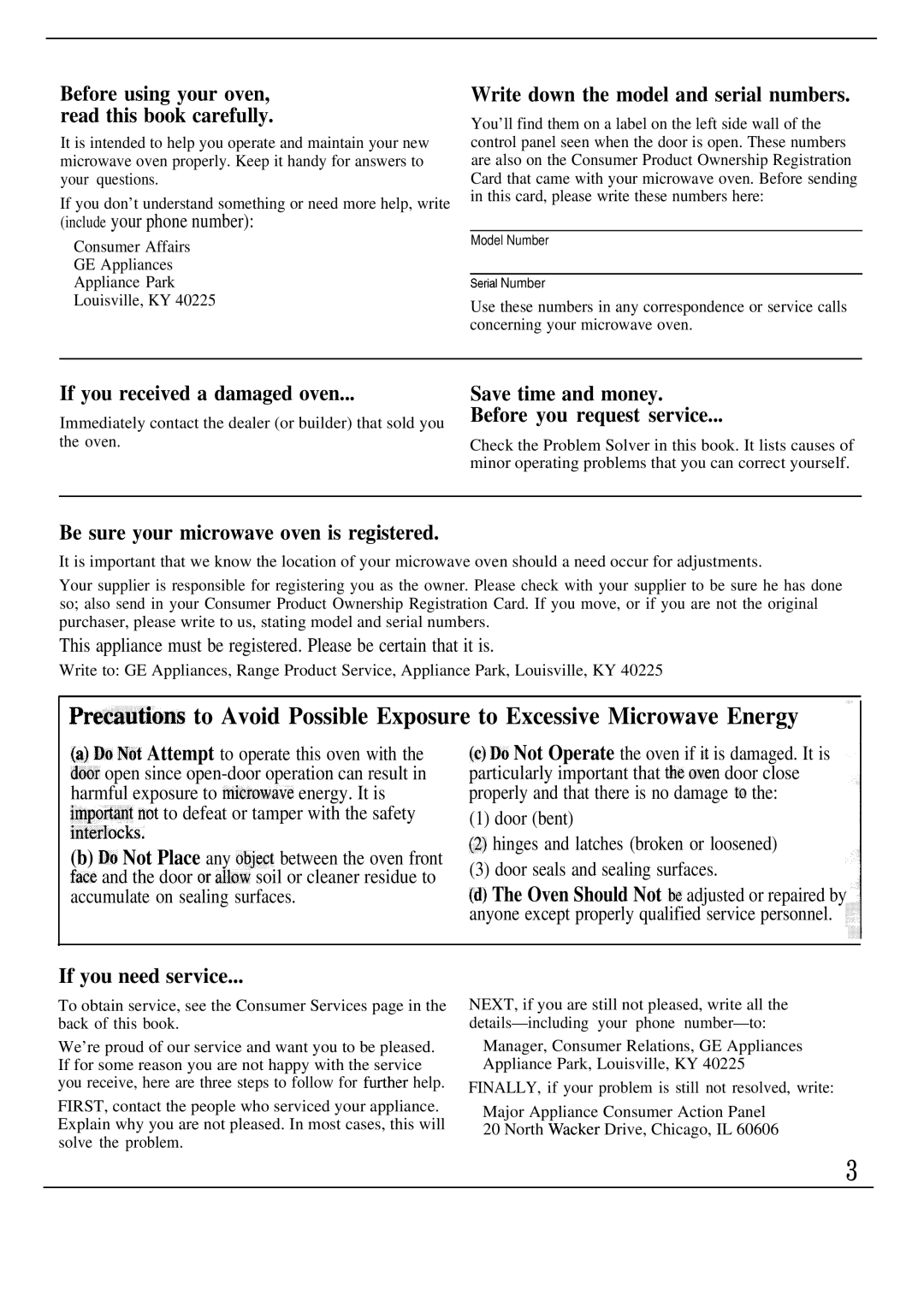 GE Monogram JET343G manual Write down the model and serial numbers, If you received a damaged oven, If you need service 